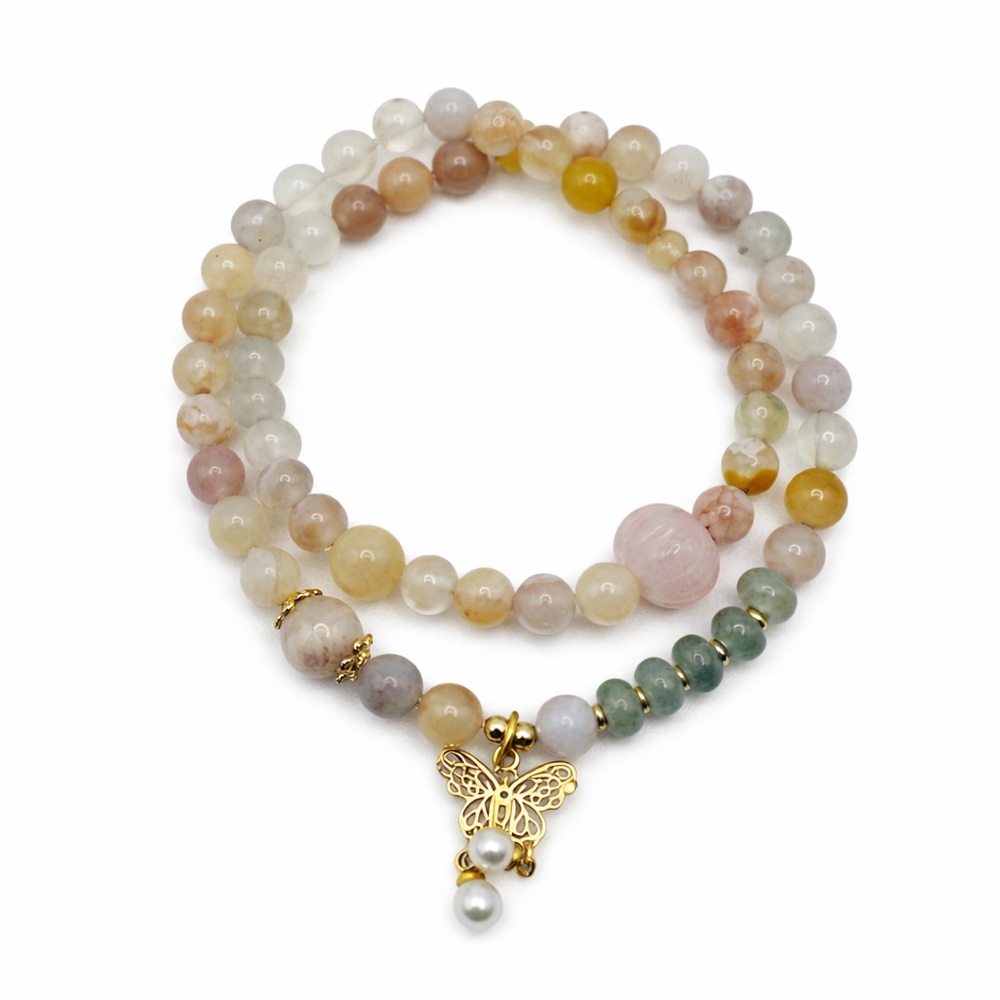 Flower Agate and Jade Gemstone Double Stretchy Bracelet